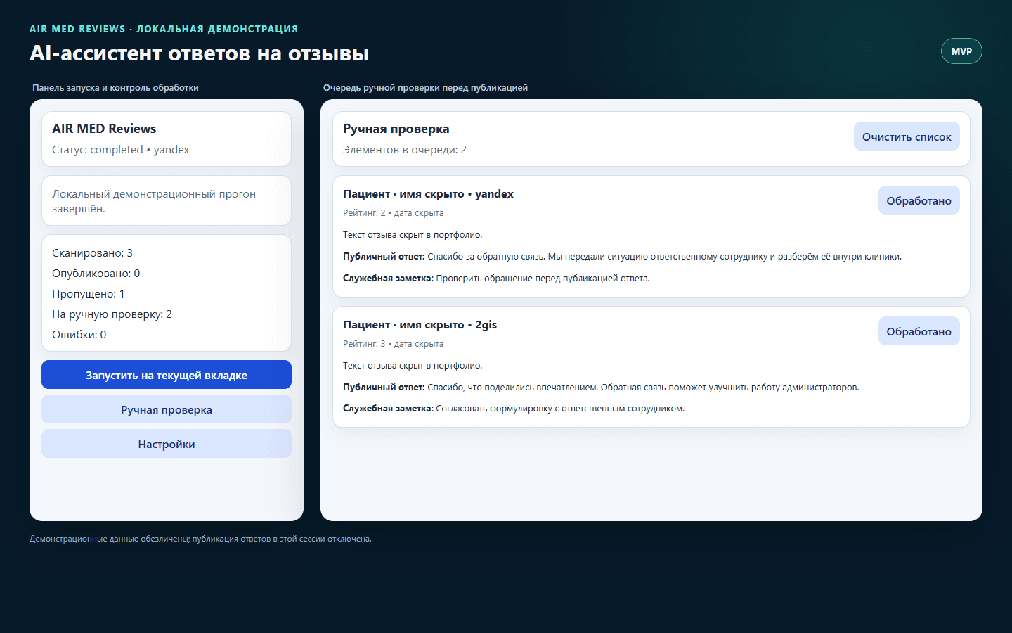Обезличенный интерфейс контроля отзывов и площадок